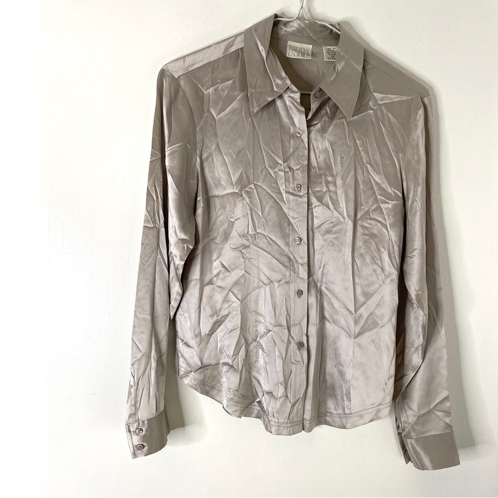 Vintage Moda INT’L Silk Blend Long Sleeve Button Blouse Silver Chrome Grey